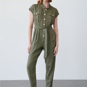 Zara Linen Blend Jumpsuit with Belt Size Medium